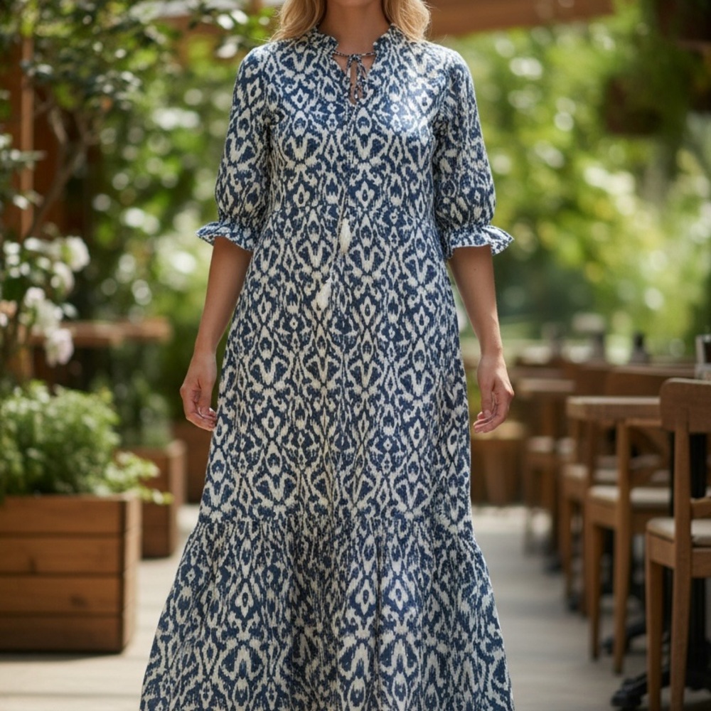 Blue and White Ikat Maxi Dress - Women's Boho Summer Dress
